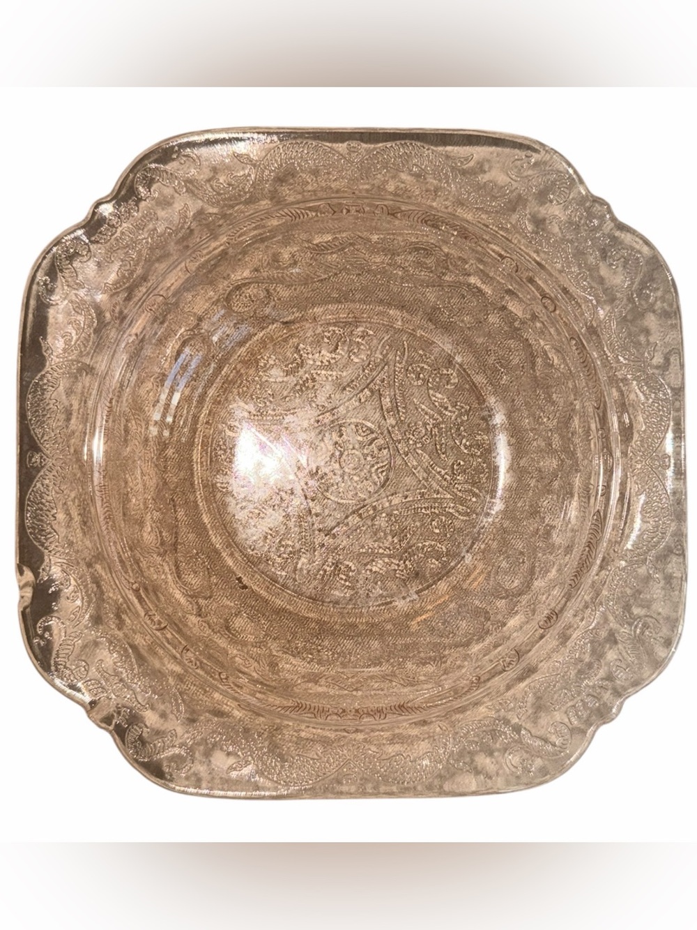 Federal Glass Madrid Depression Glass Square Soup Bowl Iridescent Pink 7" VTG